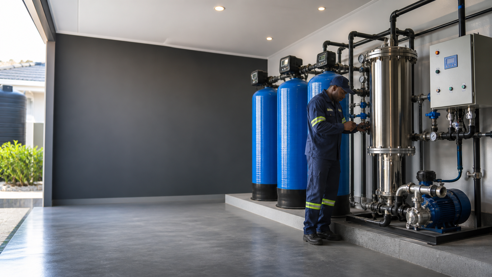 Modern water filtration system with blue pressure vessels and stainless equipment