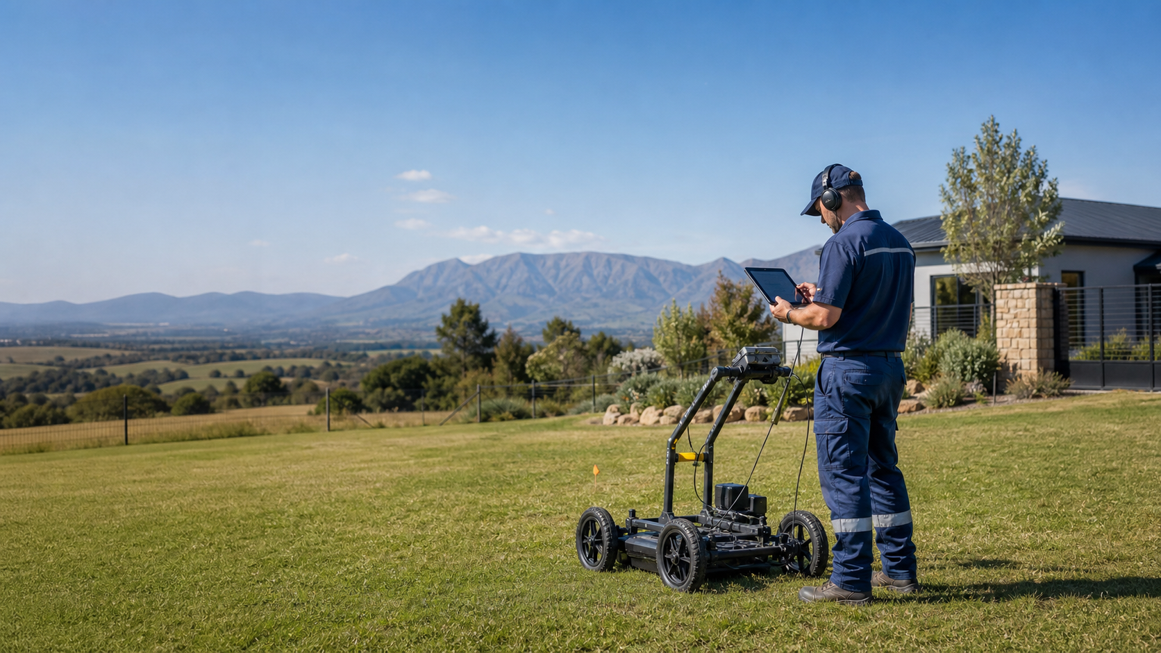 Water survey technician using geophysical survey equipment on a property